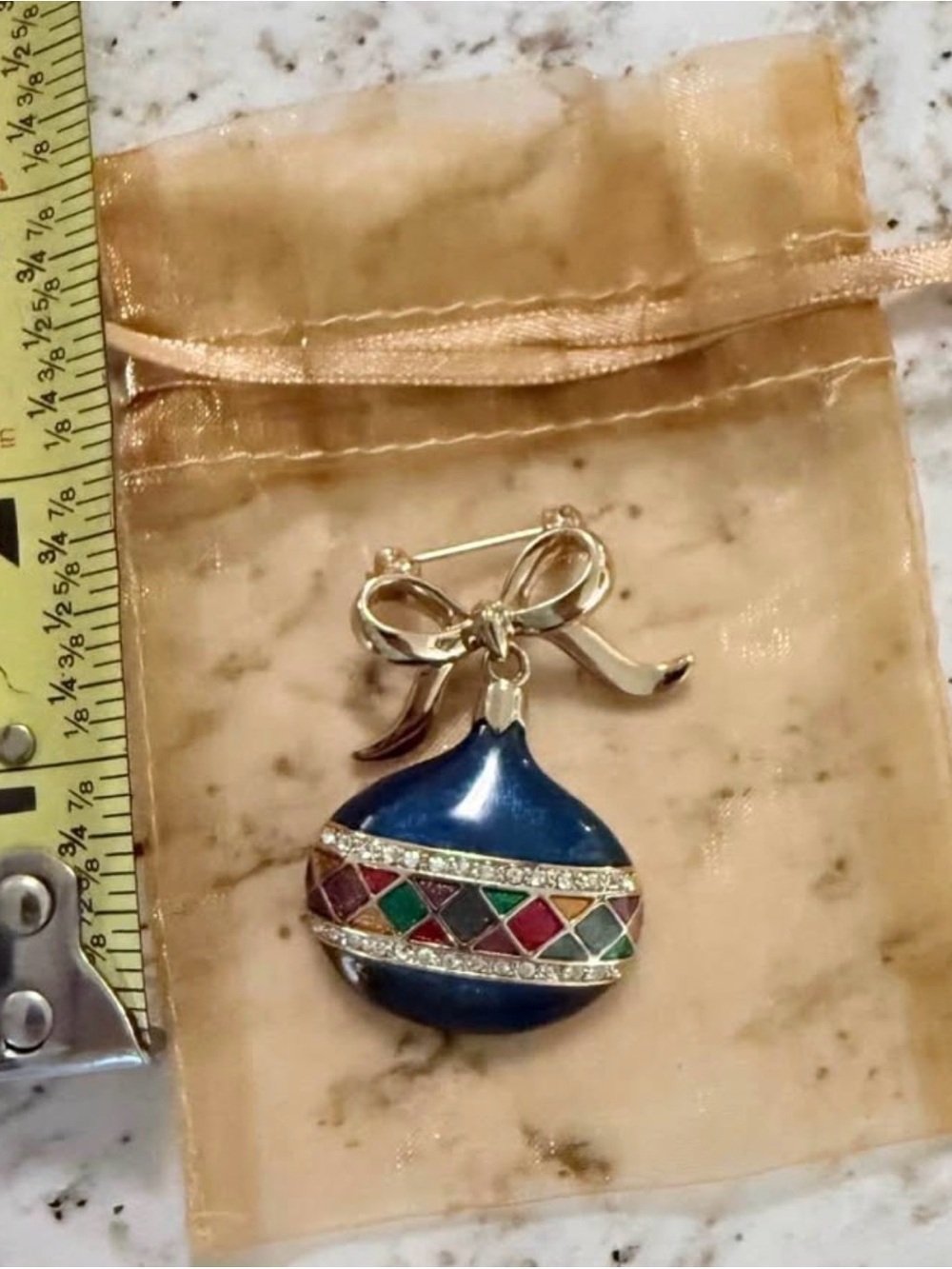 Vintage Signed Monet Cobalt Blue Enamel Christmas Ball Ornament Brooch - Picture 2 of 5